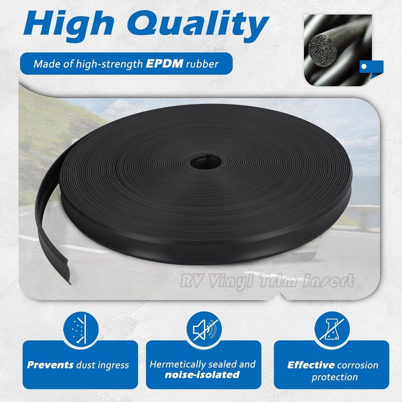 SoCiMa 7/8" RV Trim Molding Insert with Flat Metal End Caps, RV Screw Cover Trim, Vinyl RV Corner Molding, Weather Stripping Roof Gutter Trim Exterior for RV Camper Travel Trailer (Black, 100FT - 7/8") - Image 4